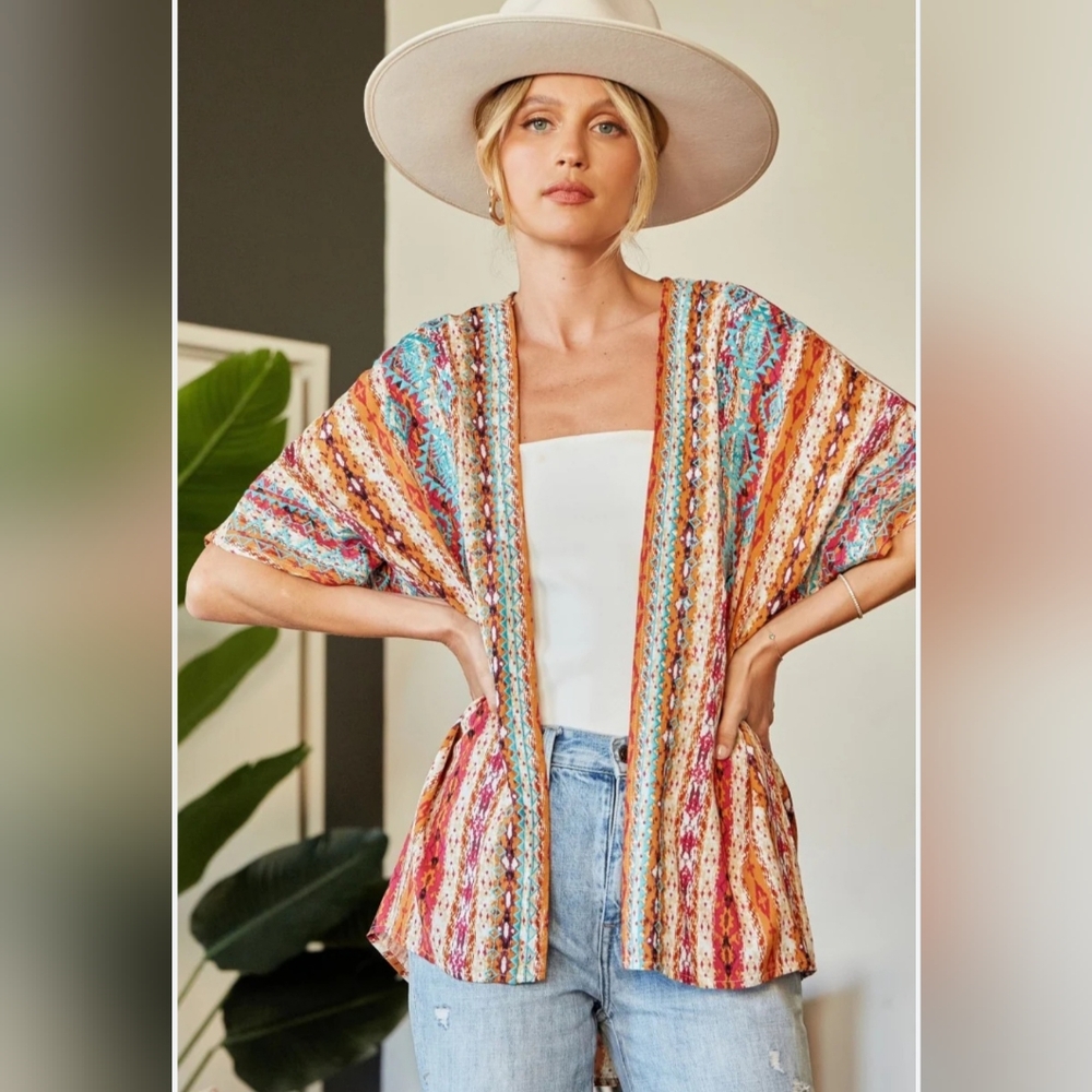 Savanna Jane Open Front Boho Aztec Kimono Cardigan Multicolor Size‎ 1x/2x Summer